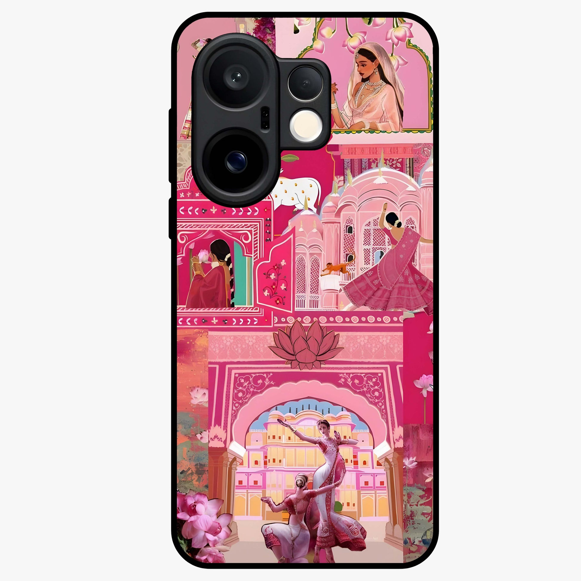 Pink Palace Muse Glass Case showing flat back view with elegant palace inspired artwork and glossy glass finish.