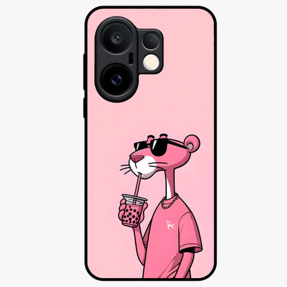 Pink Panther Glass Case showing flat back view with iconic pink panther artwork and glossy glass finish.