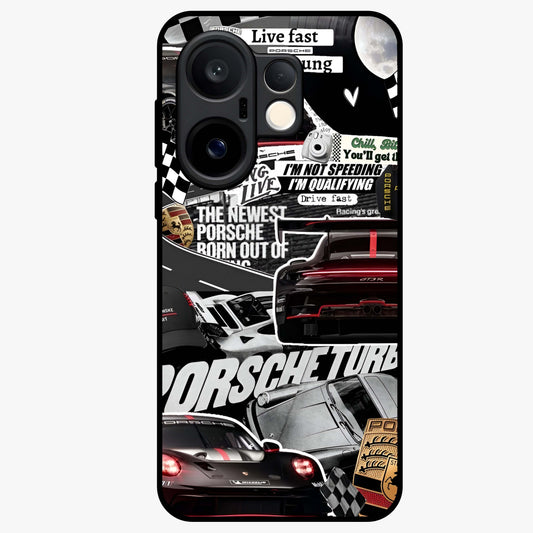 Porsche Racing Collage Glass Case showing flat back view with sports car racing collage artwork and glossy glass finish.