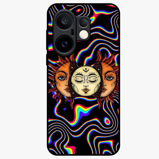 Psychedelic Sun Glass Case showing flat back view with colorful psychedelic sun artwork and glossy glass finish.
