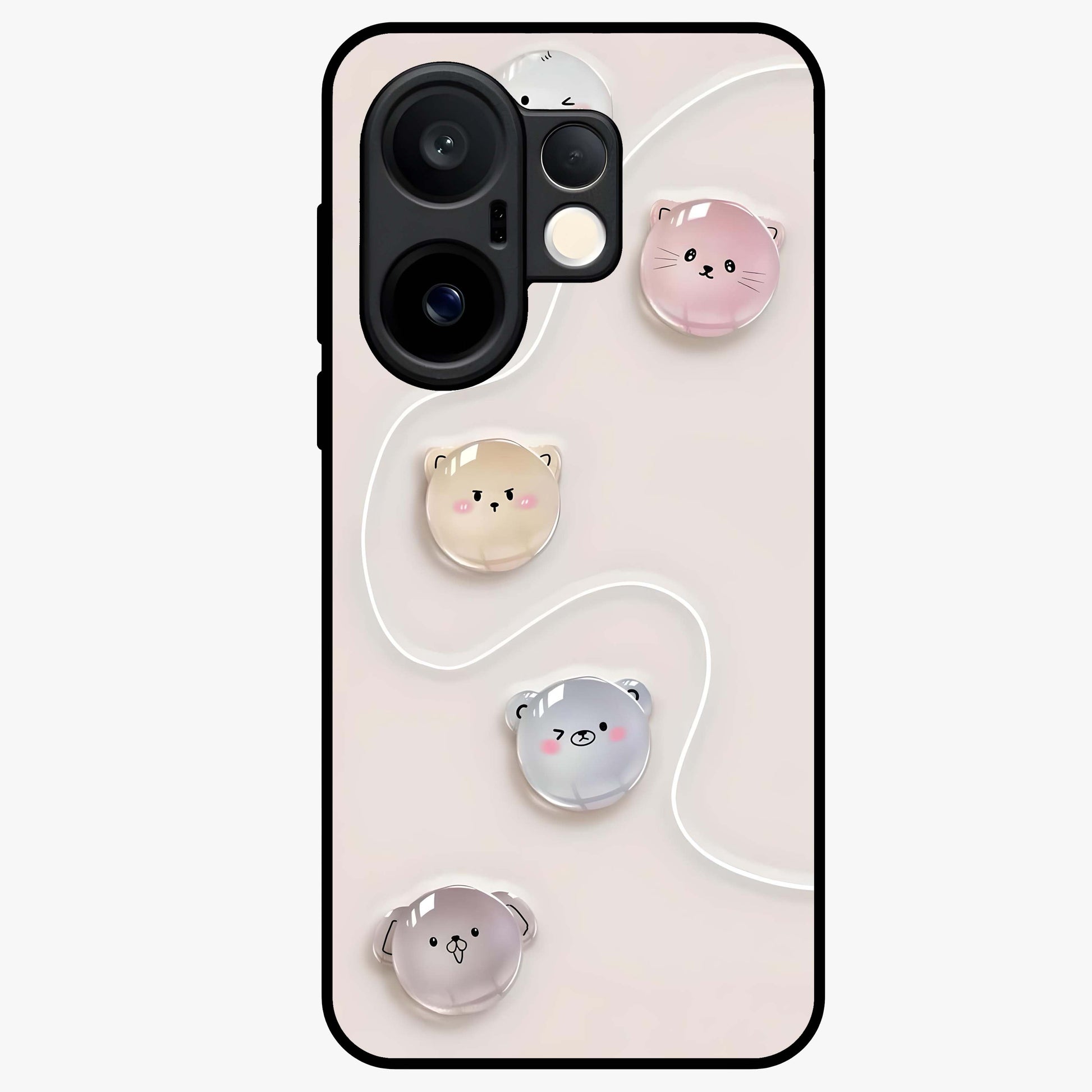 Puffy Face Parade Glass Case showing flat back view with cute puffy character faces artwork and glossy glass finish.