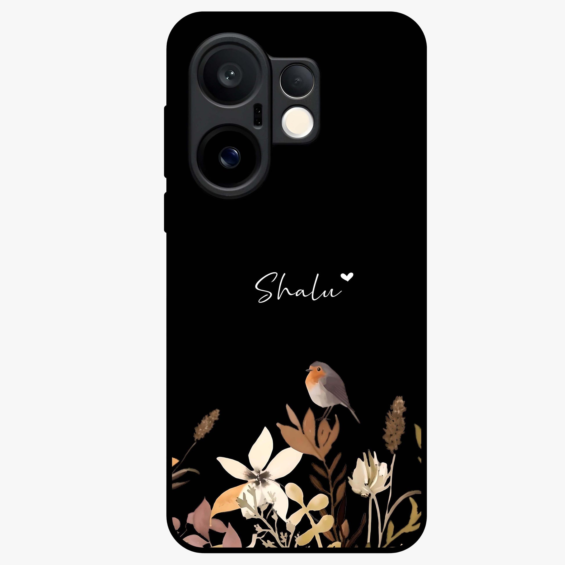 Quiet Garden Tune Custom Name Glass Case showing flat back view with peaceful garden artwork and personalized name design.