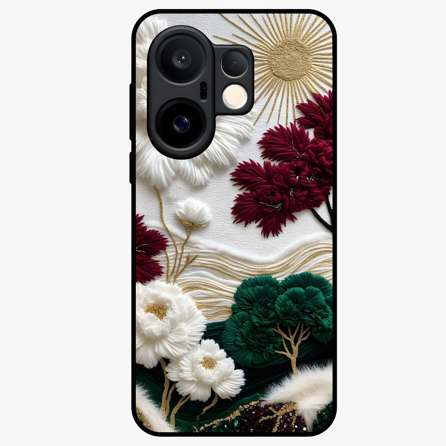 Radiant Bloom Elegance Glass Case showing flat back view with elegant blooming flower artwork and glossy glass finish.