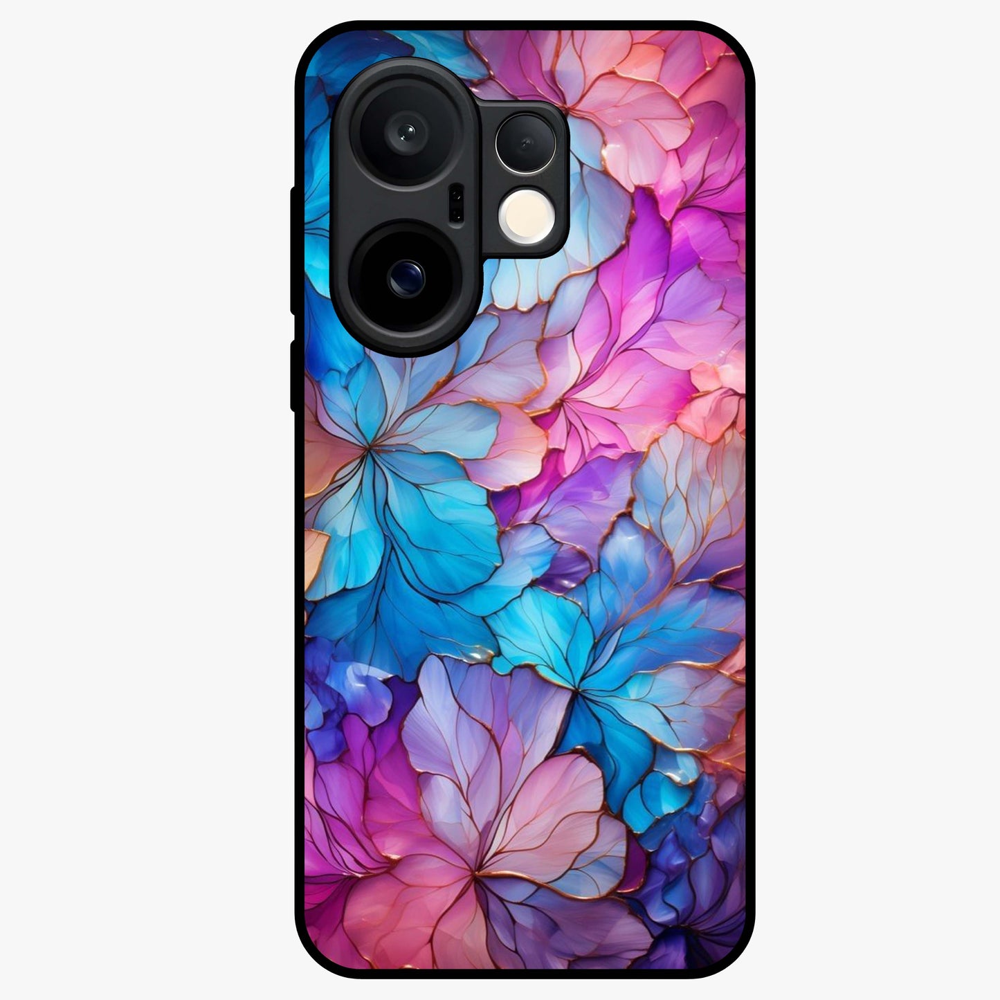 Radiant Floral Whirl Glass Case showing flat back view with swirling floral artwork and glossy glass finish.