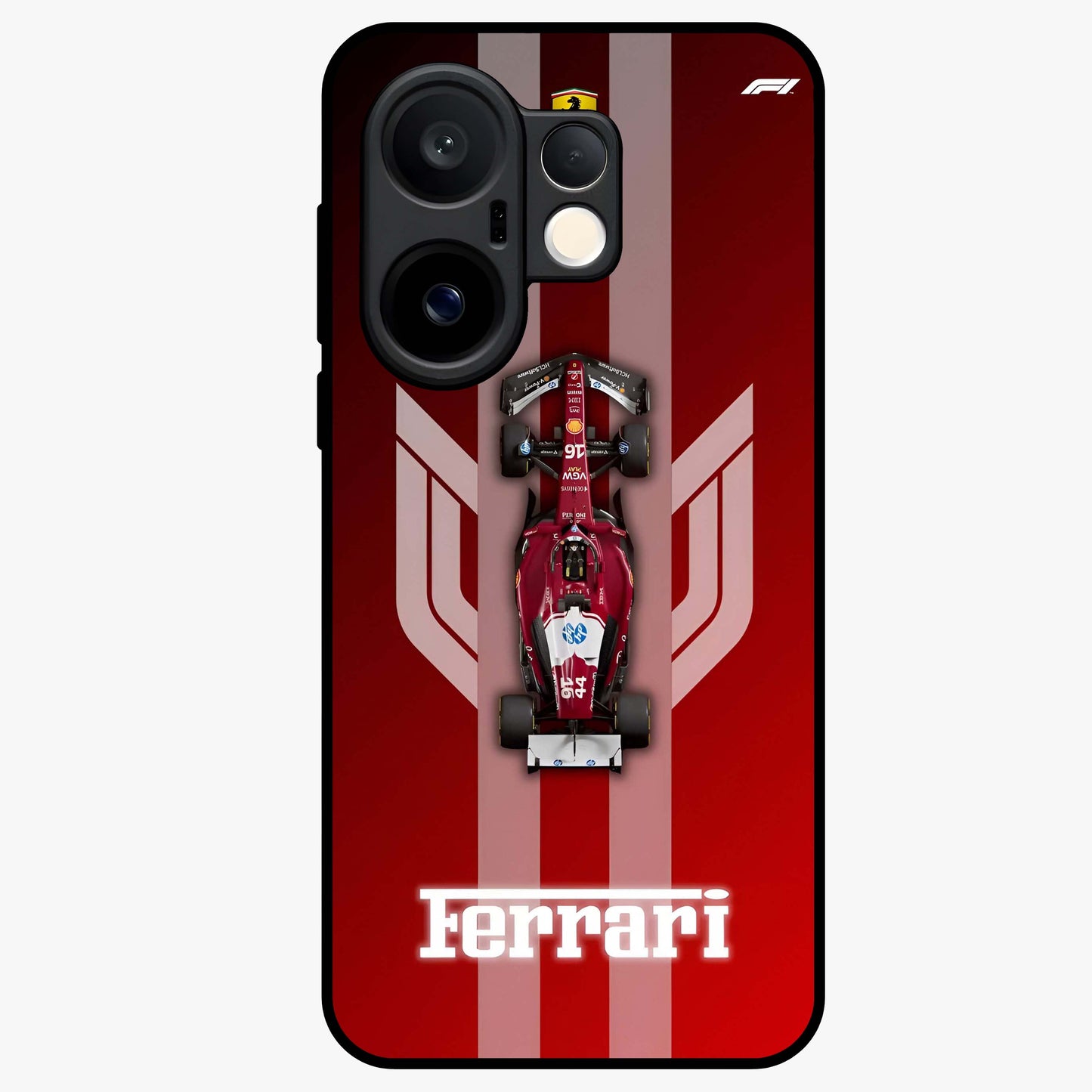 Red Ferrari F1 Vertical Glass Case showing flat back view with sleek Formula racing car artwork and glossy glass finish.