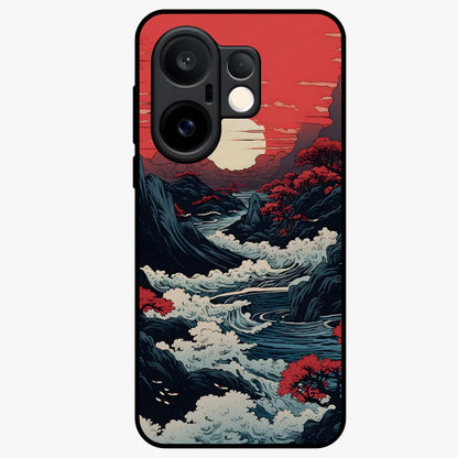 Red Sunset Scenery Glass Case showing flat back view with vibrant sunset landscape artwork and glossy glass finish.