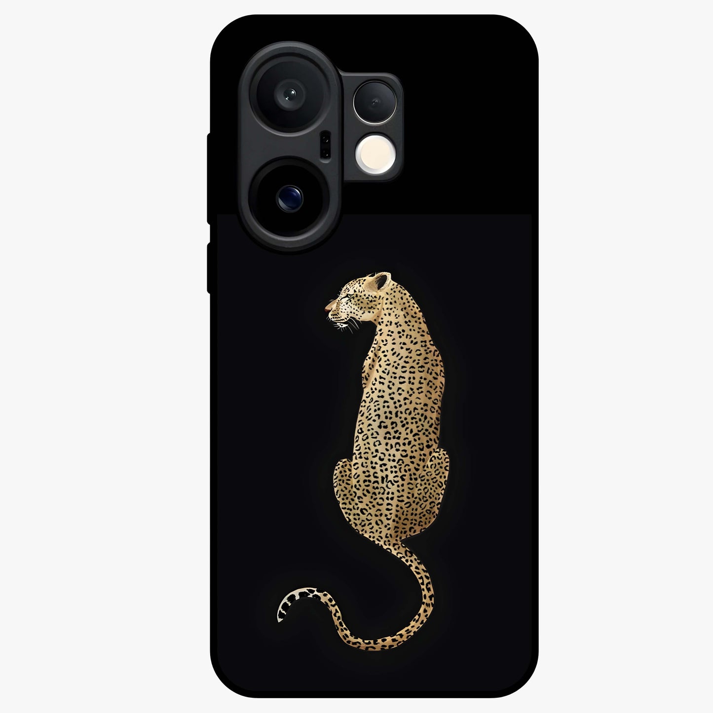 Regal Leopard Glass Case showing flat back view with bold leopard artwork and glossy glass finish.