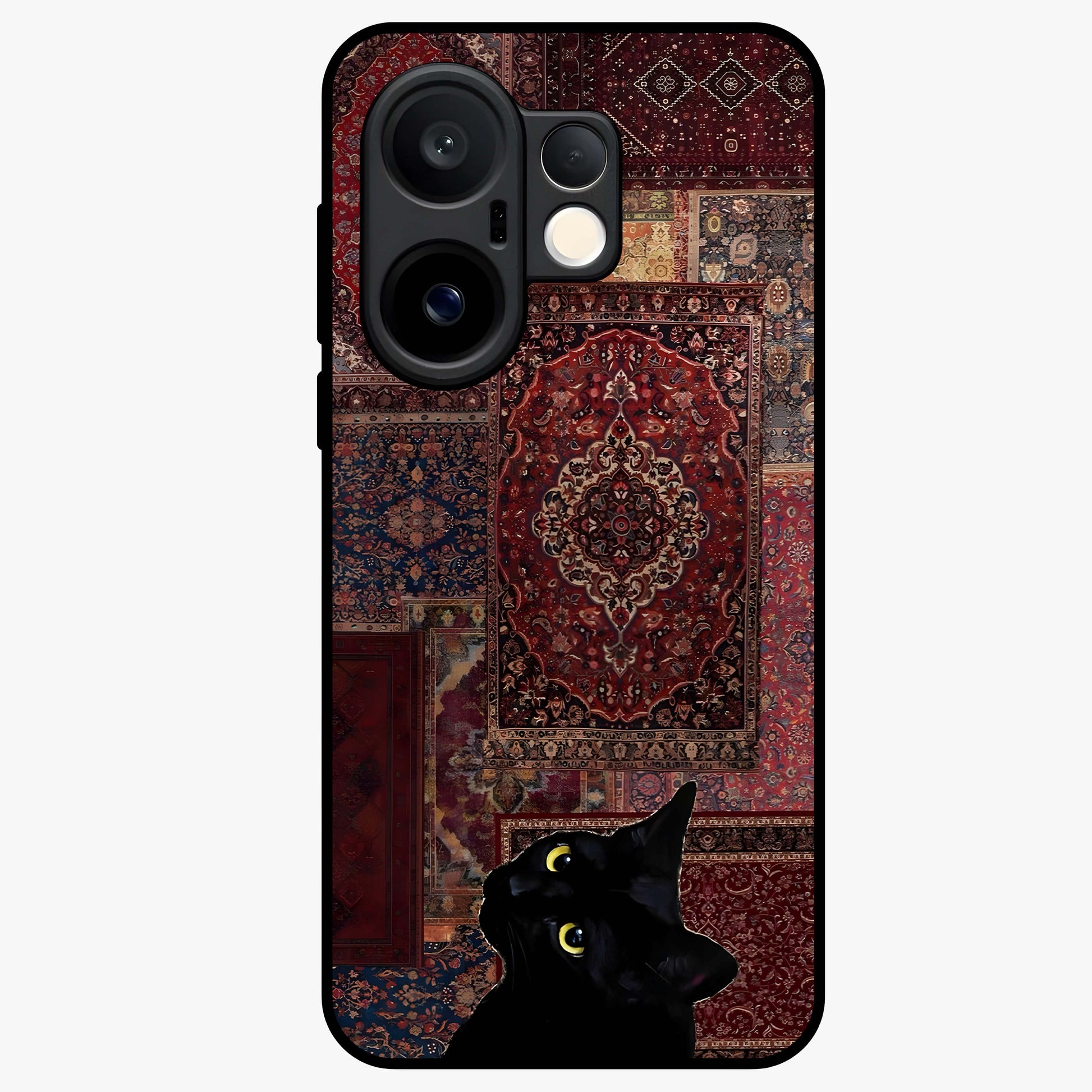 Regal Magic Cat Apple Glass Case showing flat back view with magical cat artwork holding apple and glossy glass finish.