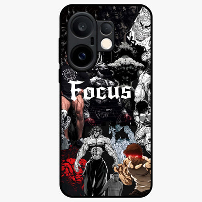 Relentless Power Focus Glass Case showing flat back view with motivational typography artwork and glossy glass finish.