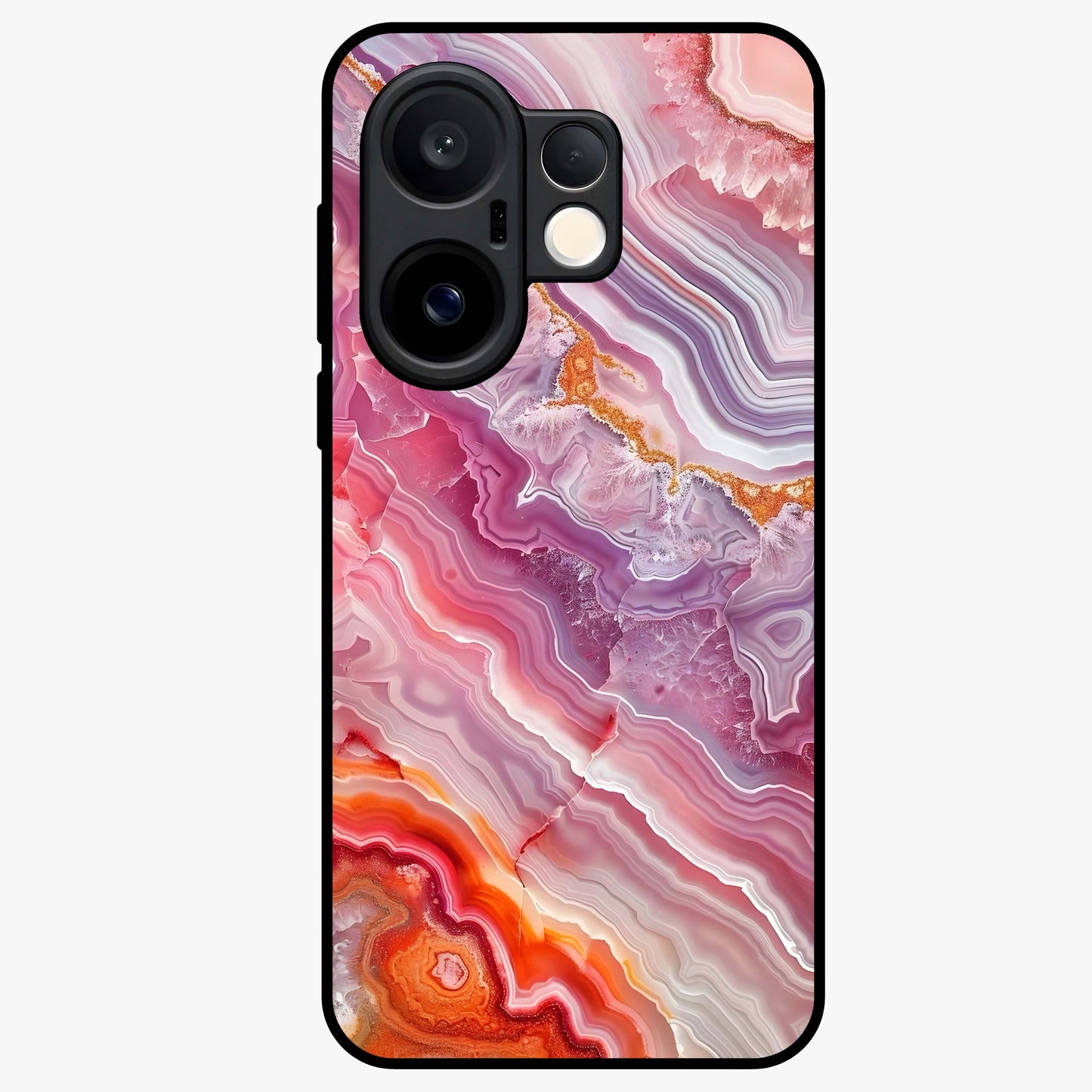 Rose Quartz Marble Glass Case showing flat back view with pink marble quartz texture artwork and glossy glass finish.