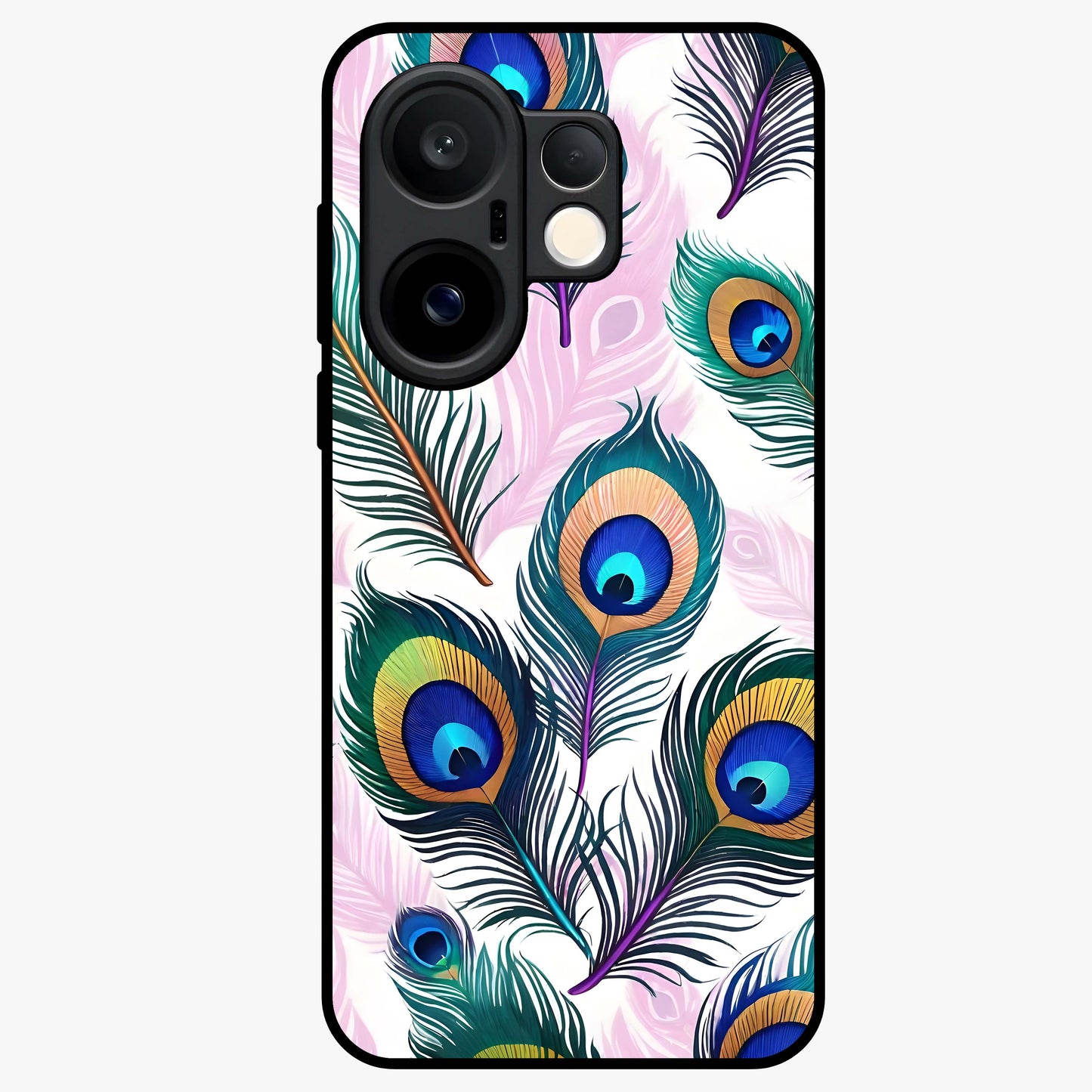 Royal Peacock Feathers Glass Case showing flat back view with colorful peacock feather artwork and glossy glass finish.