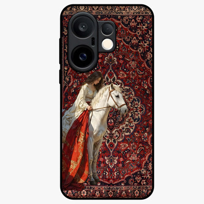 Royal Rider Tapestry Glass Case showing flat back view with majestic horse rider tapestry artwork and glossy glass finish.