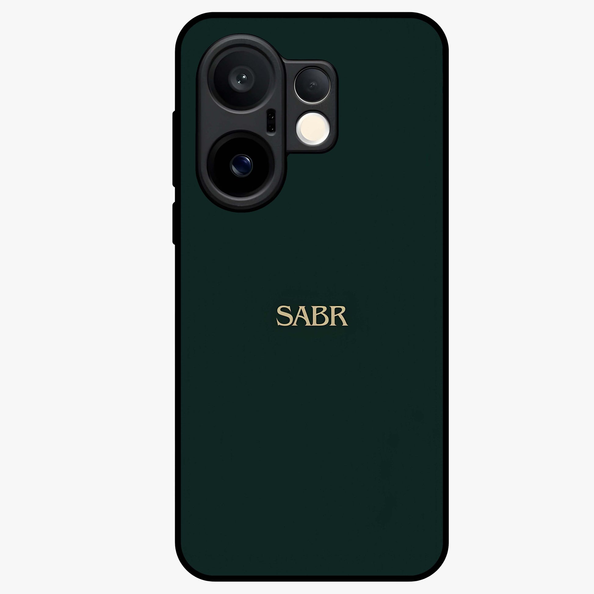 Sabr Minimal Patience Glass Case showing flat back view with minimalist typography artwork and glossy glass finish.