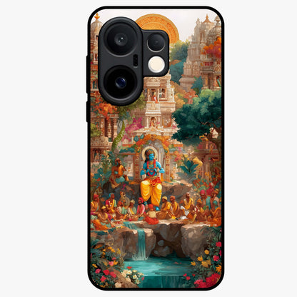 Sacred Sunlight Gods Glass Case showing flat back view with divine sunlight themed artwork and glossy glass finish.