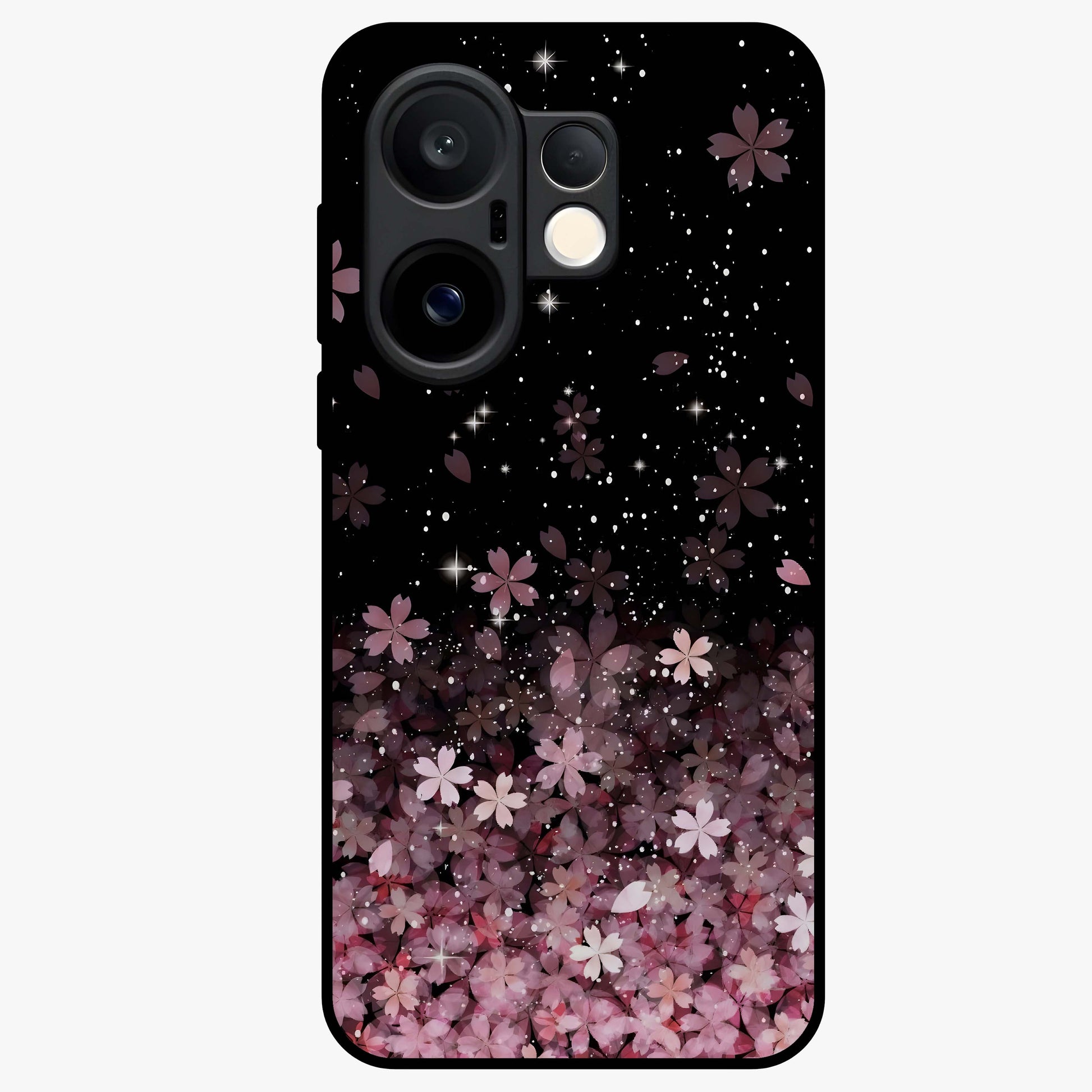 Small Starry Flowers Glass Case showing flat back view with delicate starry floral artwork and glossy glass finish.
