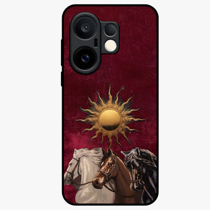 Solar Riders Glass Case showing flat back view with dynamic rider themed artwork and glossy glass finish.