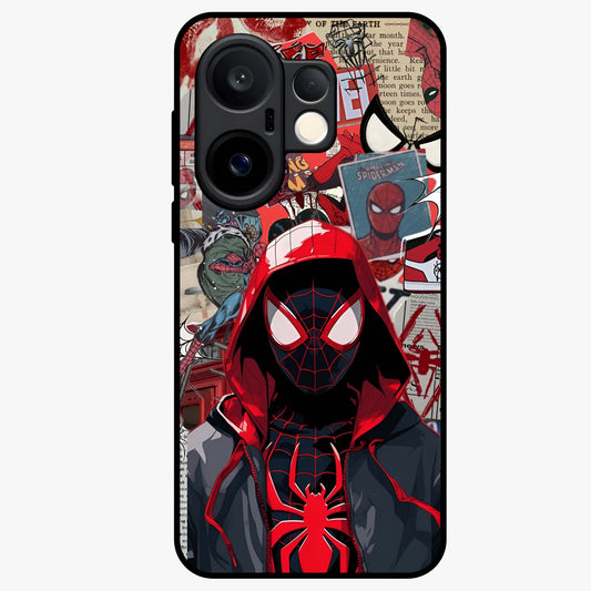 Spider Collage Street Glass Case showing flat back view with vibrant superhero collage artwork and glossy glass finish.