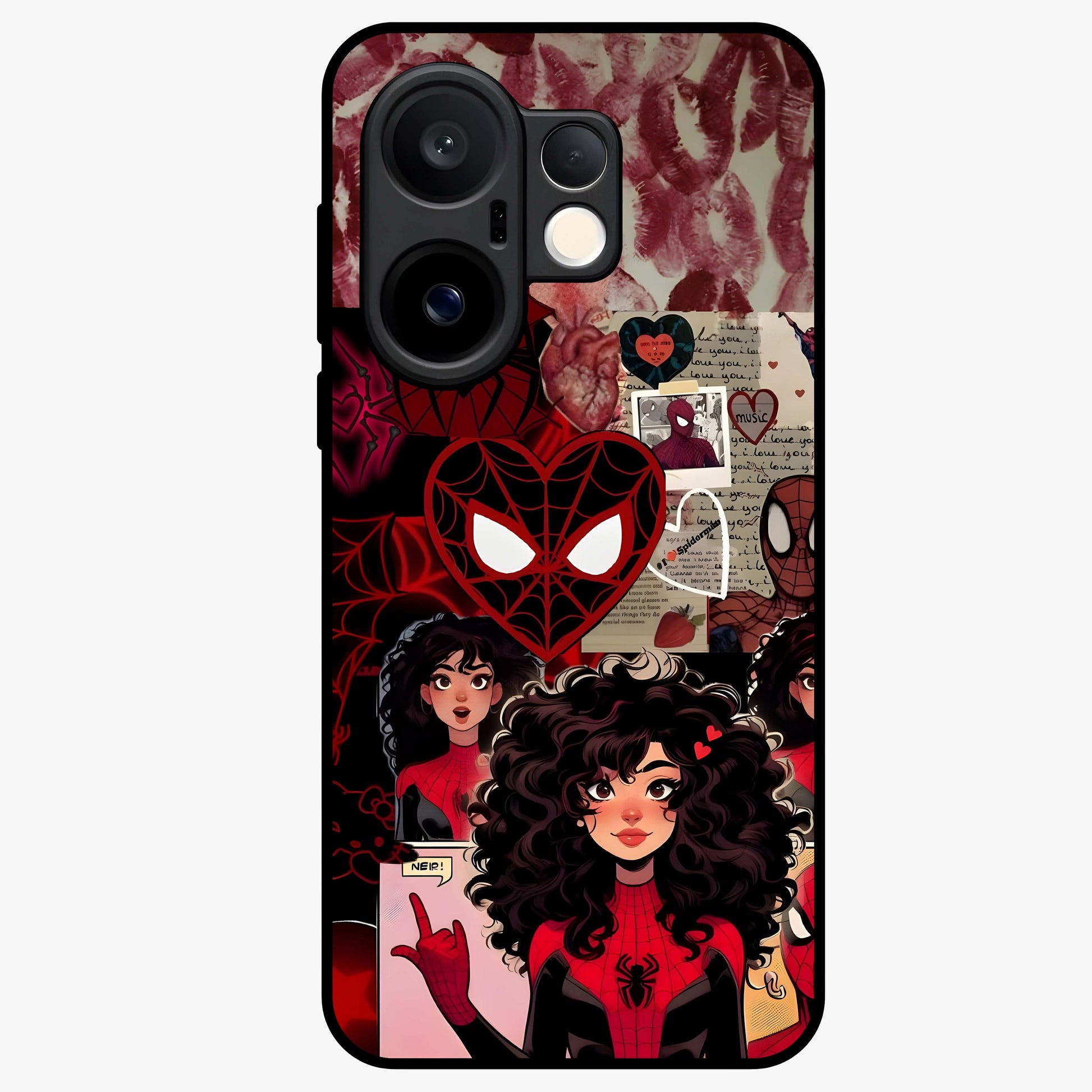Spider Love Story Glass Case showing flat back view with romantic superhero themed artwork and glossy glass finish.