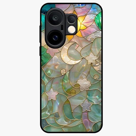 Stained Sunrise Glow Glass Case showing flat back view with glowing sunrise stained pattern artwork and glossy glass finish.