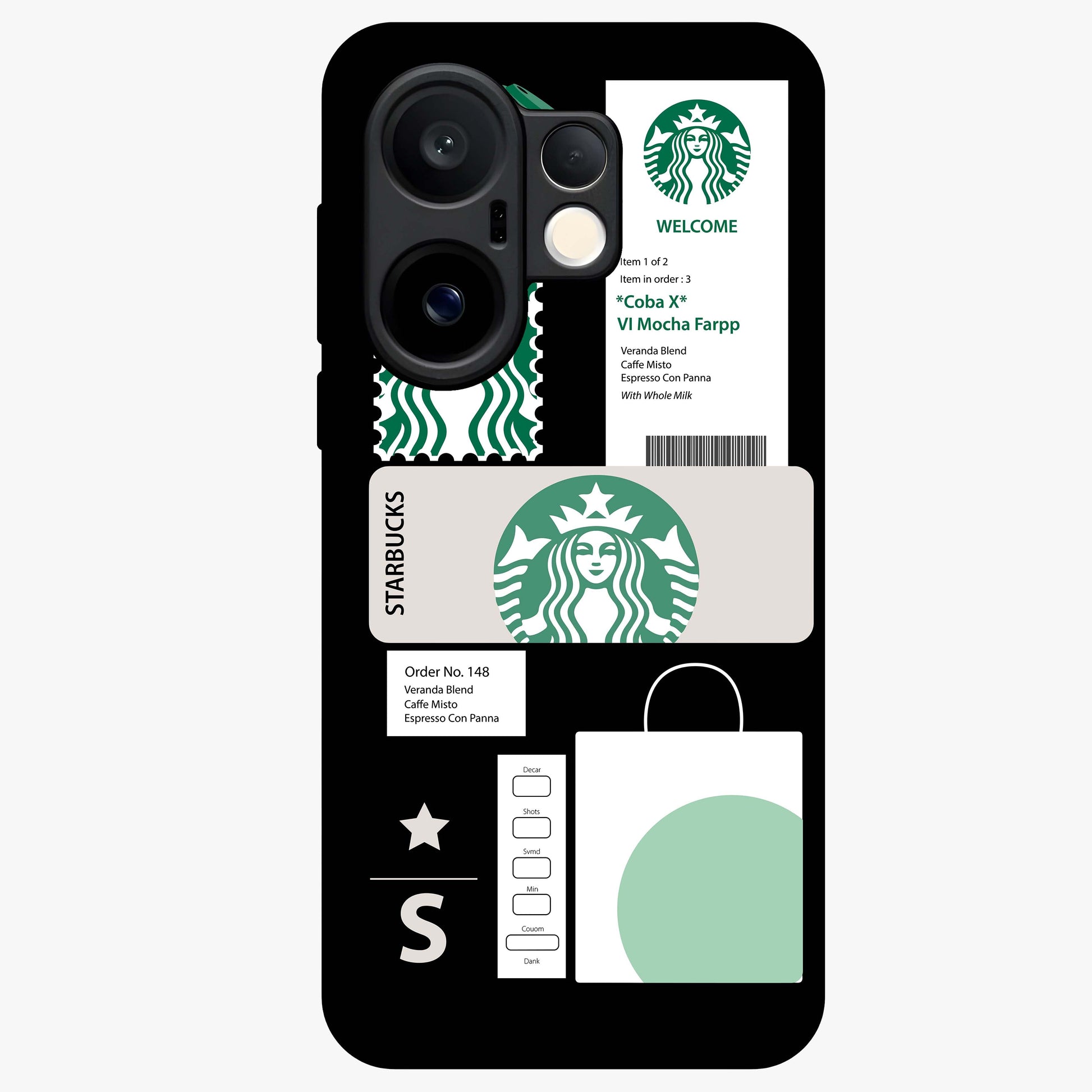 Starbucks Mocha Glass Case showing flat back view with coffee inspired artwork and glossy glass finish.