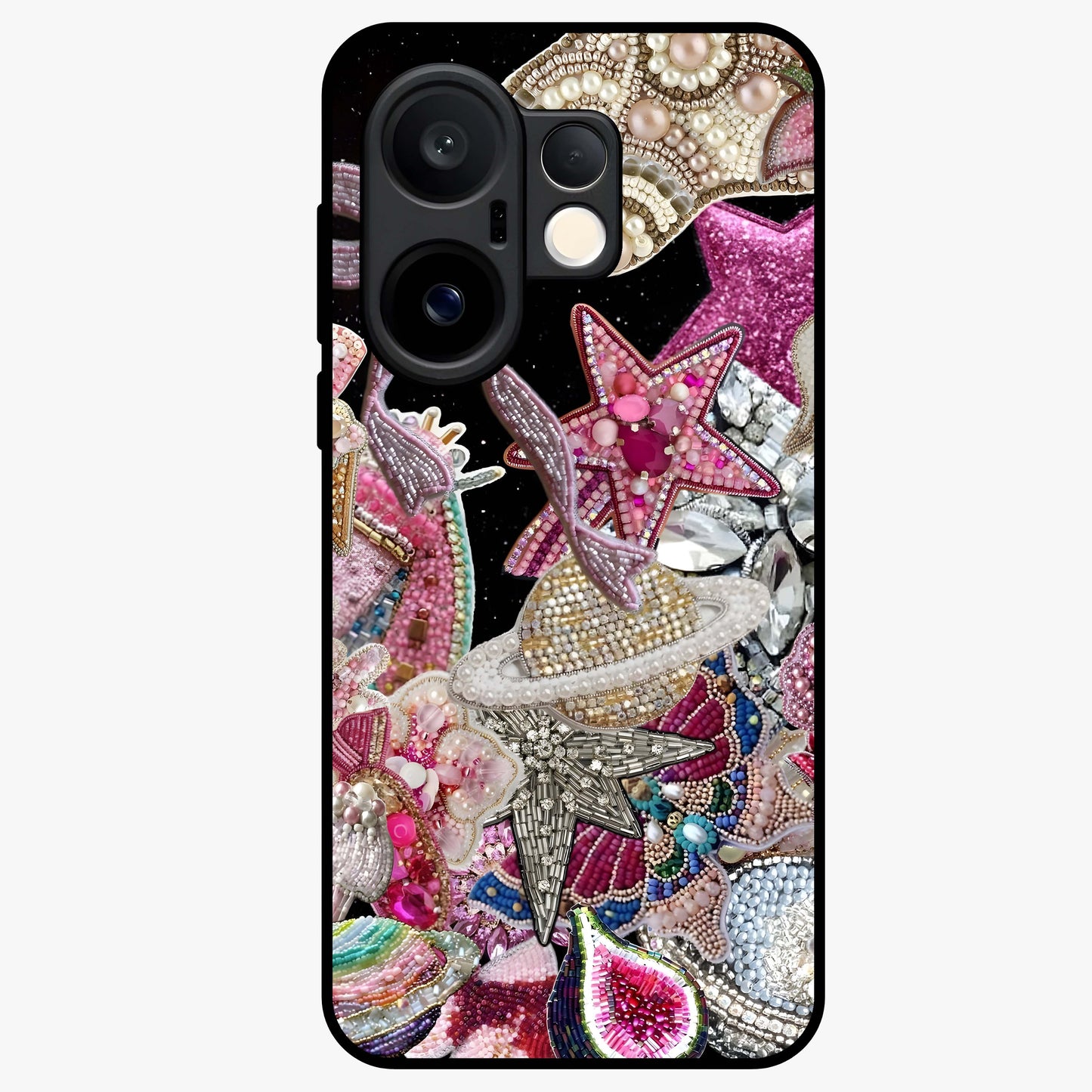 Starlit Jewel Dream Glass Case showing flat back view with sparkling jewel and star themed artwork and glossy glass finish.