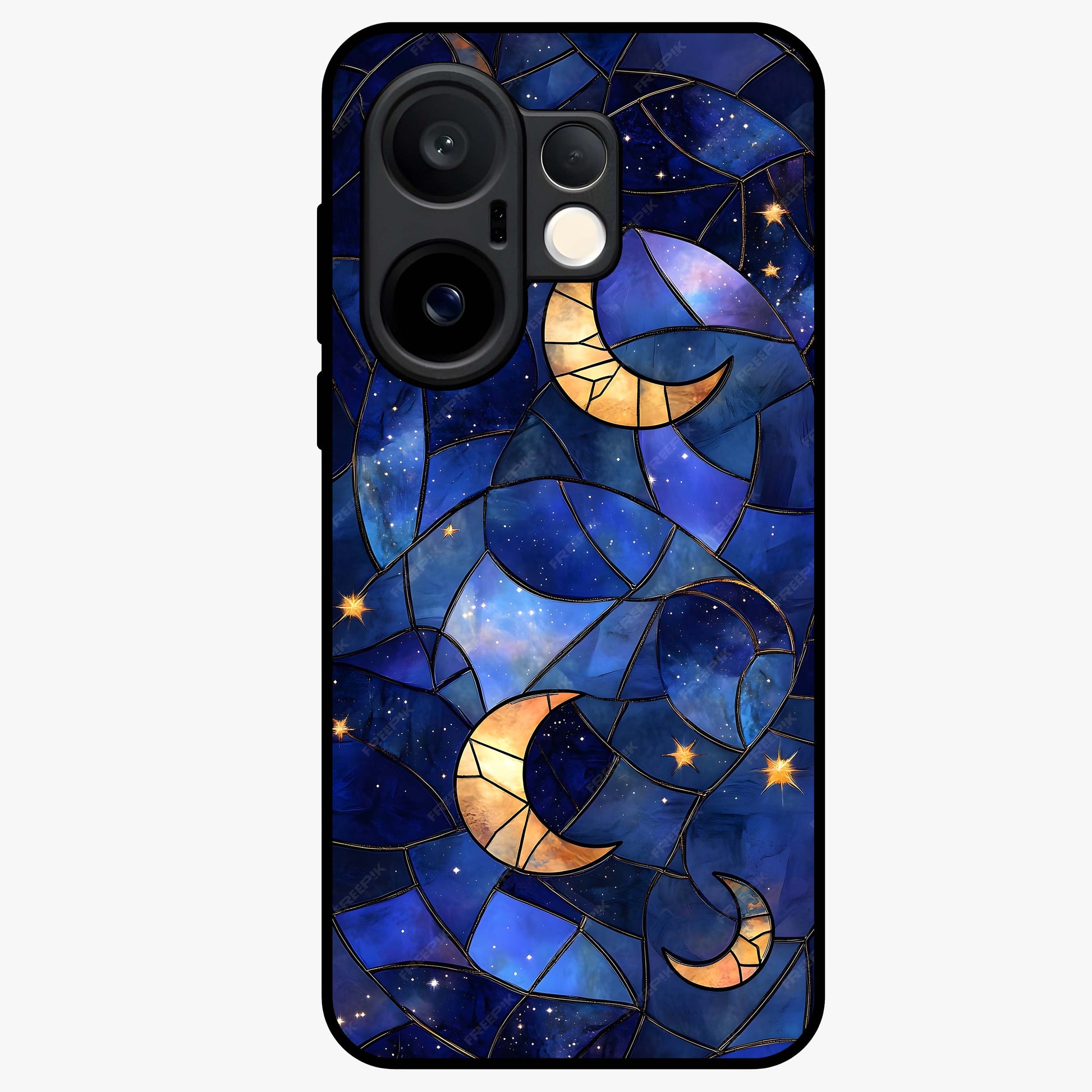 Starlit Sky Tapestry Glass Case showing flat back view with decorative starry sky tapestry artwork and glossy glass finish.