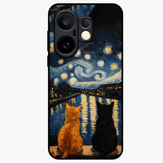 Starry River Cats Glass Case showing flat back view with cats by a starry river artwork and glossy glass finish.