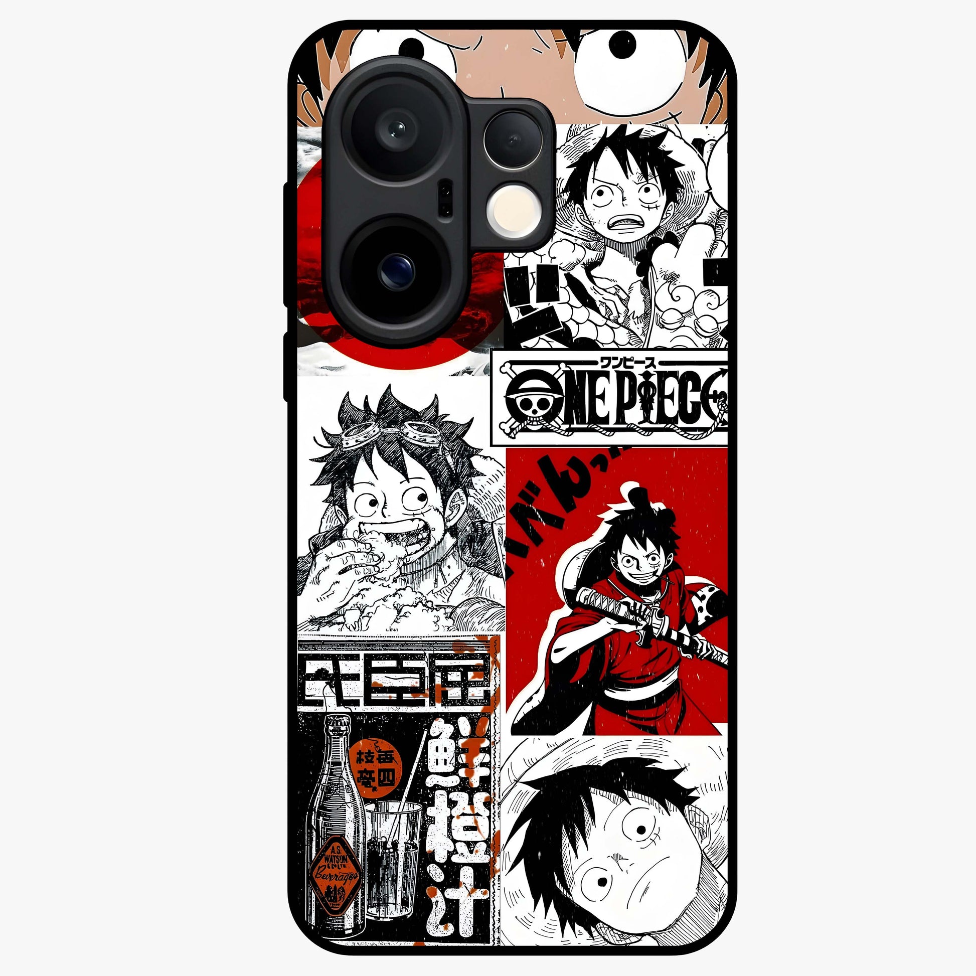 Strawhat Chaos Panels Glass Case showing flat back view with anime inspired chaos panel artwork and glossy glass finish.