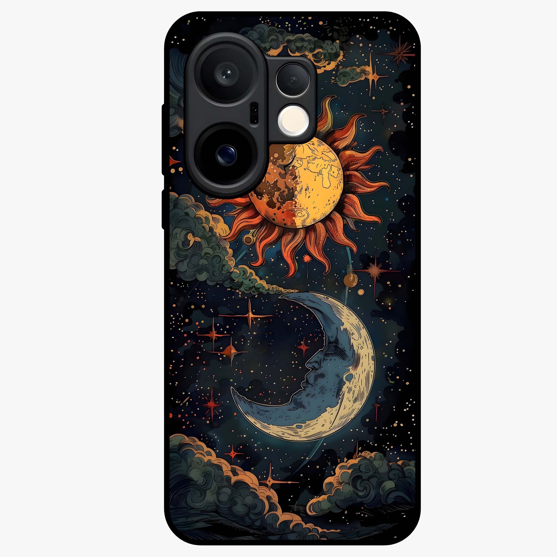 Sun And Moon Magic Design Glass Case showing flat back view with mystical sun and moon artwork and glossy glass finish.