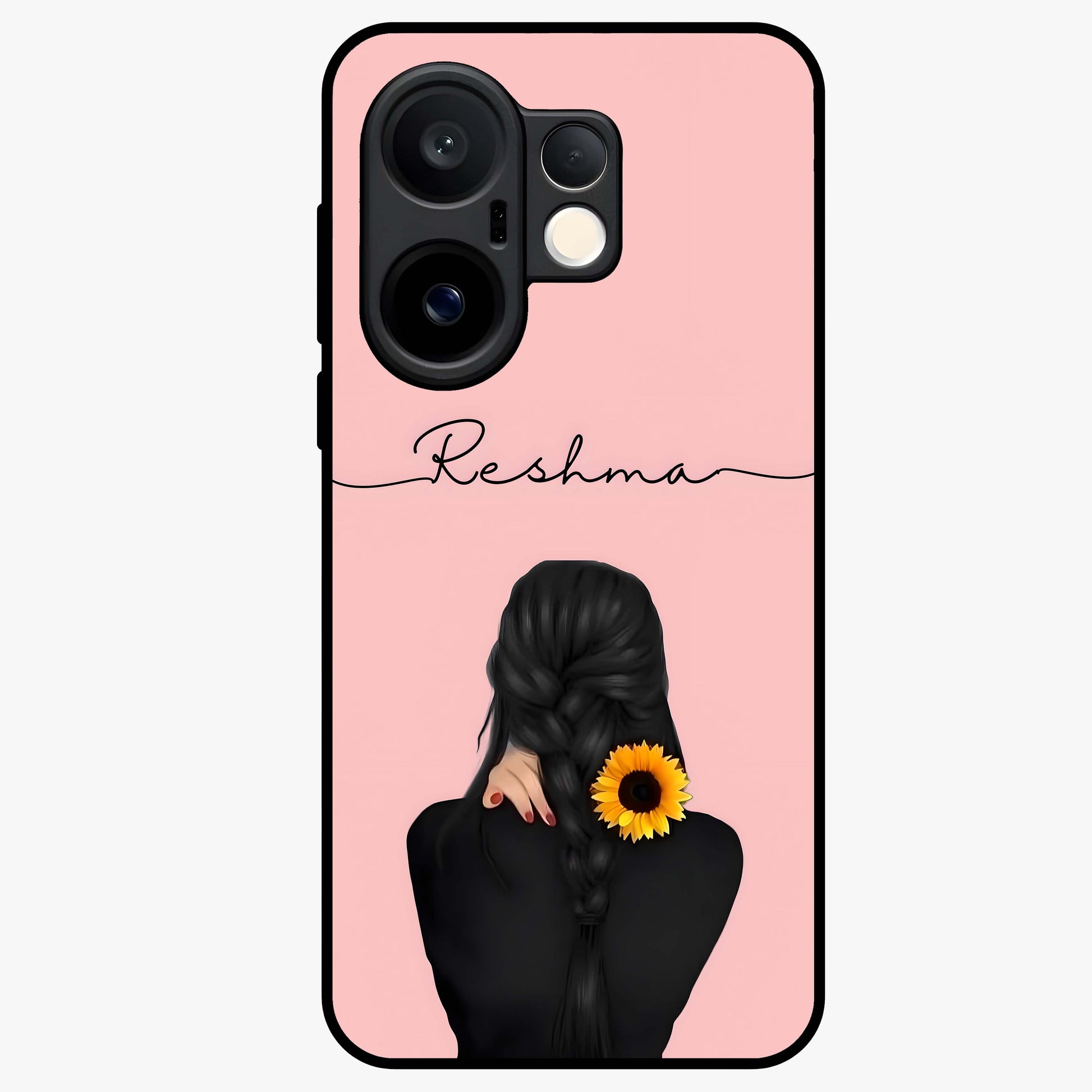 Sunflower Braid Beauty With Custom Name Glass Case showing flat back view with sunflower braid artwork and personalized name design.