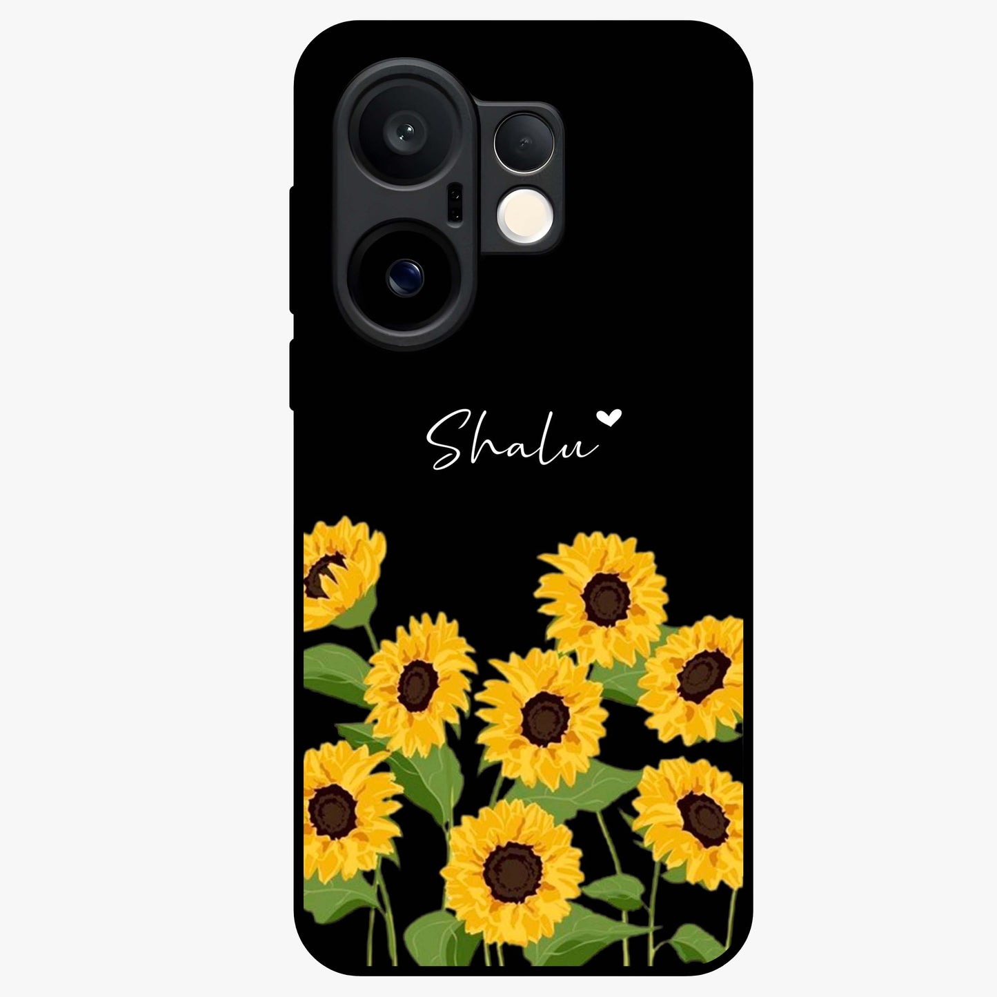 Sunflower Chic Mood Custom Name Glass Case showing flat back view with stylish sunflower artwork and personalized name design.