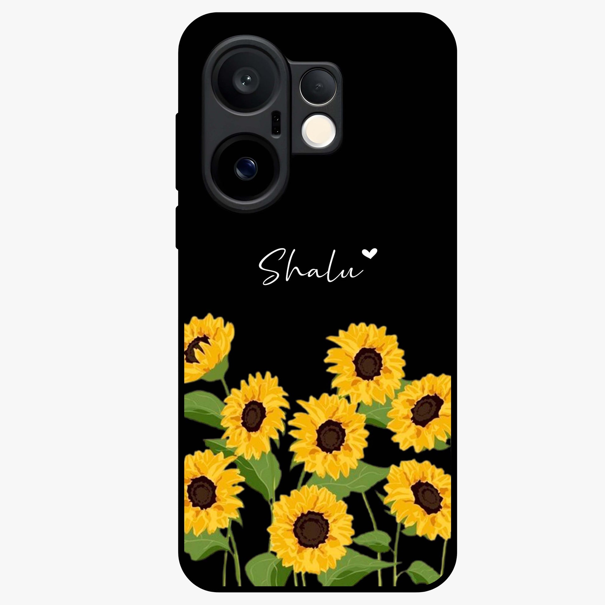 Sunflower Chic Mood Custom Name Glass Case showing flat back view with stylish sunflower artwork and personalized name design.