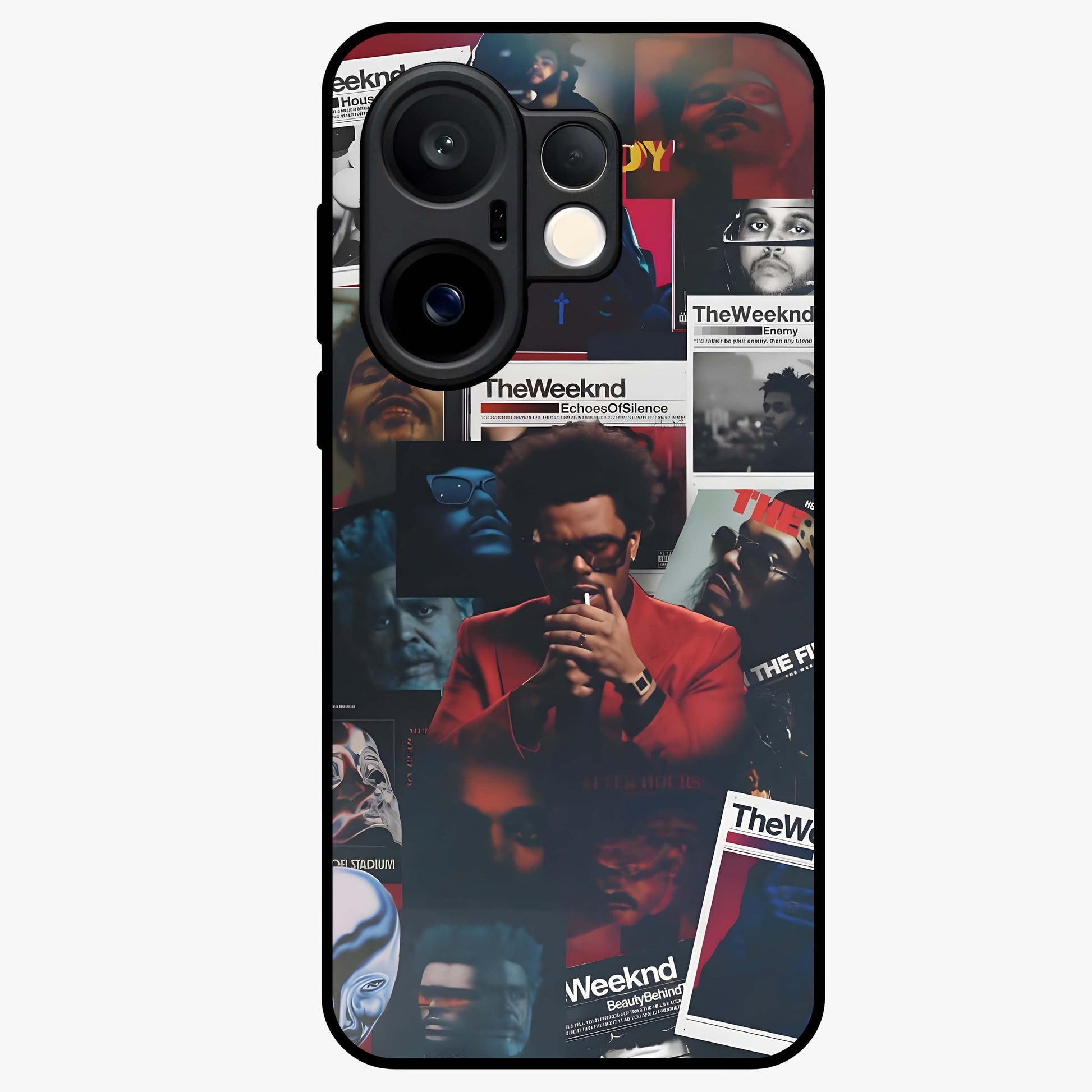 The Weeknd Glass Case showing flat back view with music inspired artistic portrait artwork and glossy glass finish.