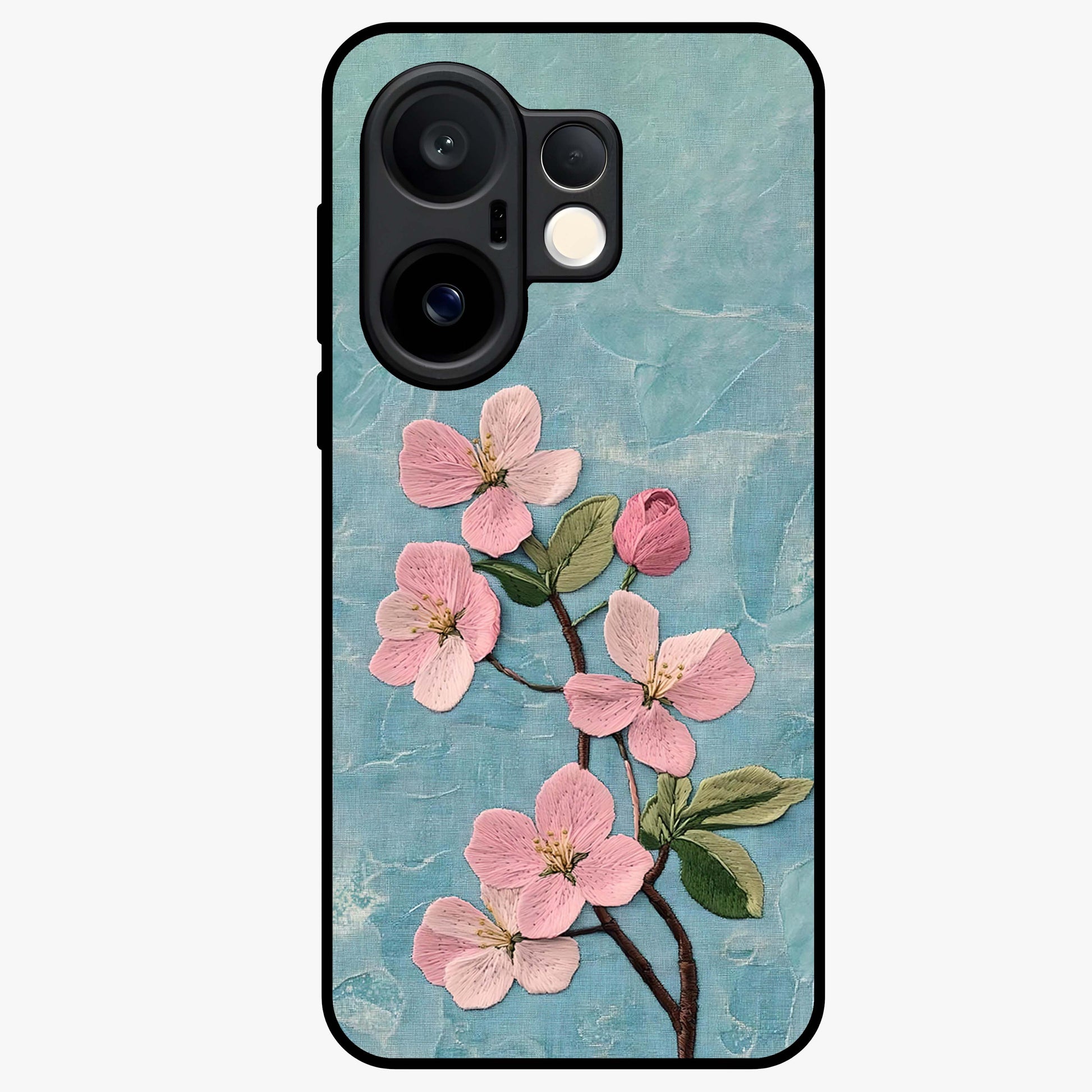 Threaded Blossom Breeze Glass Case showing flat back view with delicate blossom artwork and glossy glass finish.