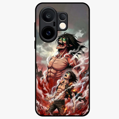 Titan Awakening Fury Glass Case showing flat back view with powerful titan inspired artwork and glossy glass finish.