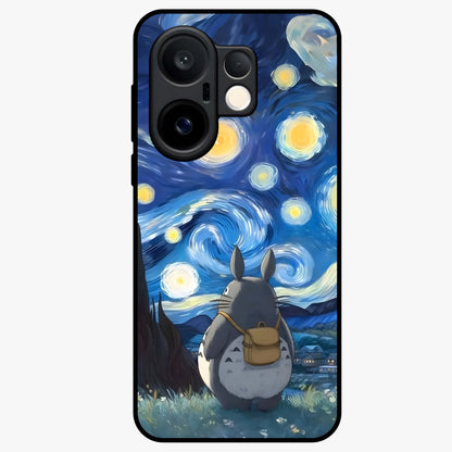 Totoro In Van Gogh Art Glass Case showing flat back view with whimsical character artwork inspired by Van Gogh style and glossy glass finish.