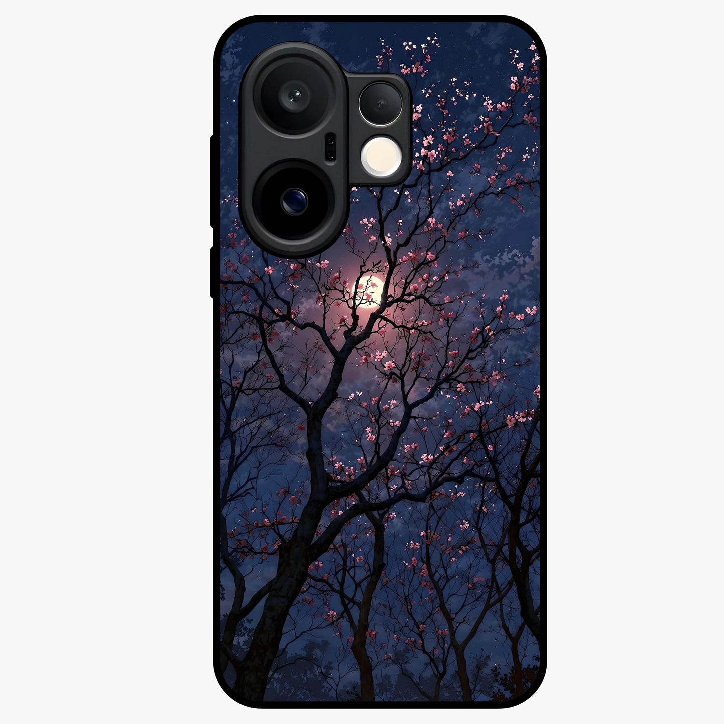 Twilight Sakura Serenade Glass Case showing flat back view with cherry blossom artwork at twilight and glossy glass finish.