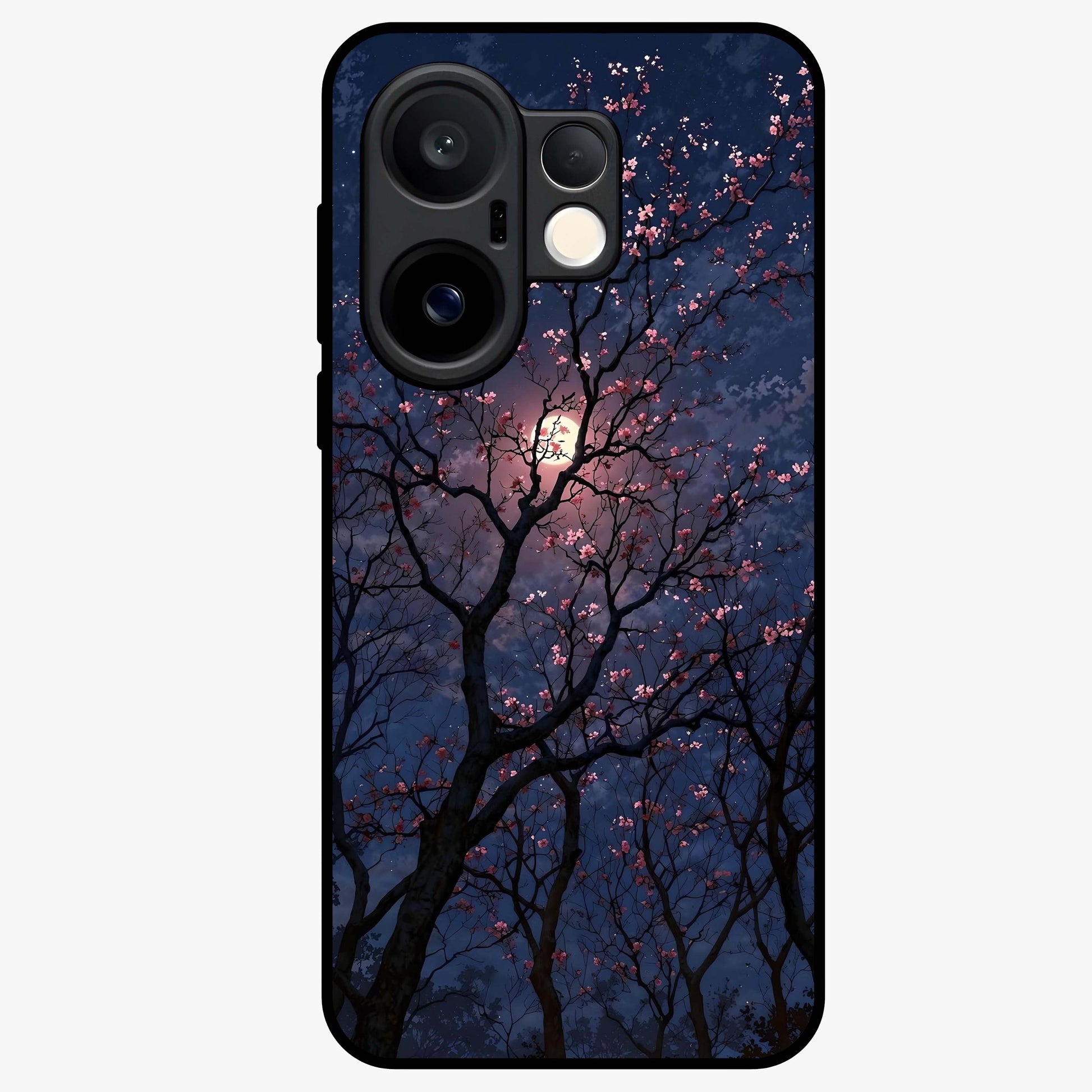 Twilight Sakura Serenade Glass Case showing flat back view with cherry blossom artwork at twilight and glossy glass finish.