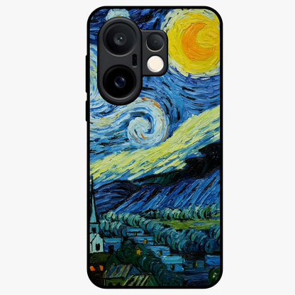 Van Gogh Art Glass Case showing flat back view with classic painterly artwork inspired by Van Gogh style and glossy glass finish.