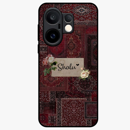 Velvet Wine Pattern Custom Name Glass Case showing flat back view with elegant wine colored pattern artwork and personalized name design.