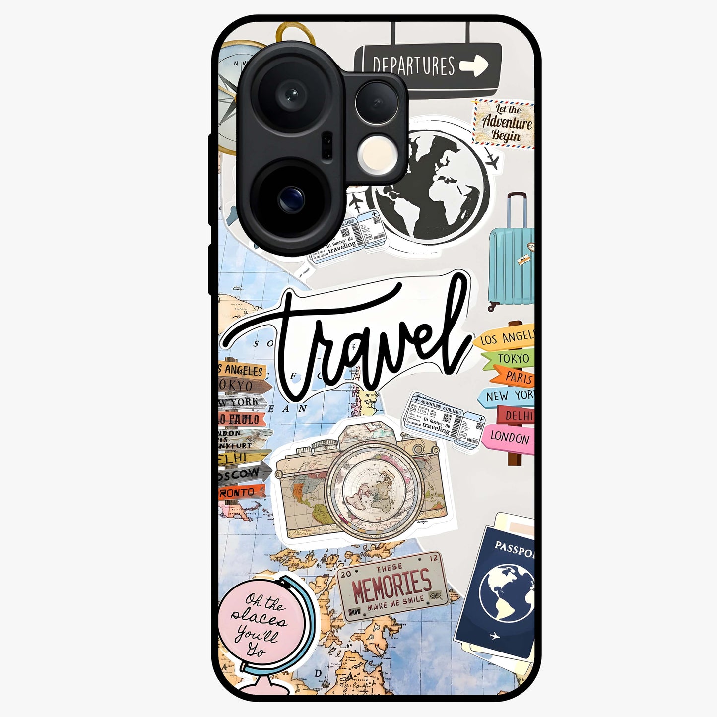 Wanderlust Journal Glass Case showing flat back view with travel inspired artwork and glossy glass finish.
