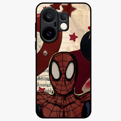 Web Warrior Vibes Glass Case showing flat back view with superhero inspired web themed artwork and glossy glass finish.