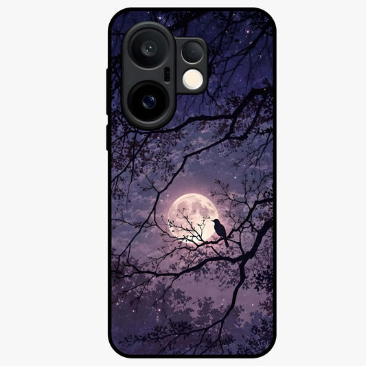 Whispering Moon Silence Glass Case showing flat back view with serene moon themed artwork and glossy glass finish.