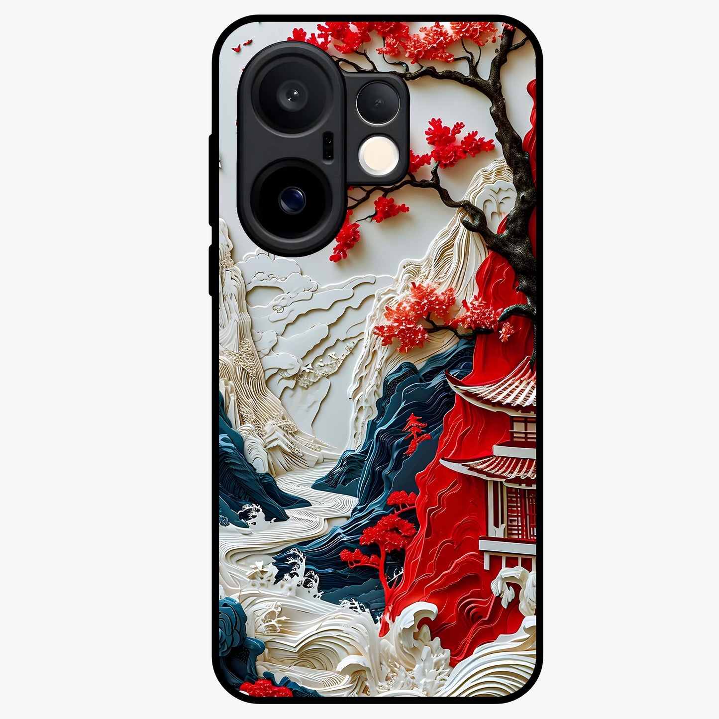 Whispers Of Sakura Waves Glass Case showing flat back view with cherry blossom wave artwork and glossy glass finish.