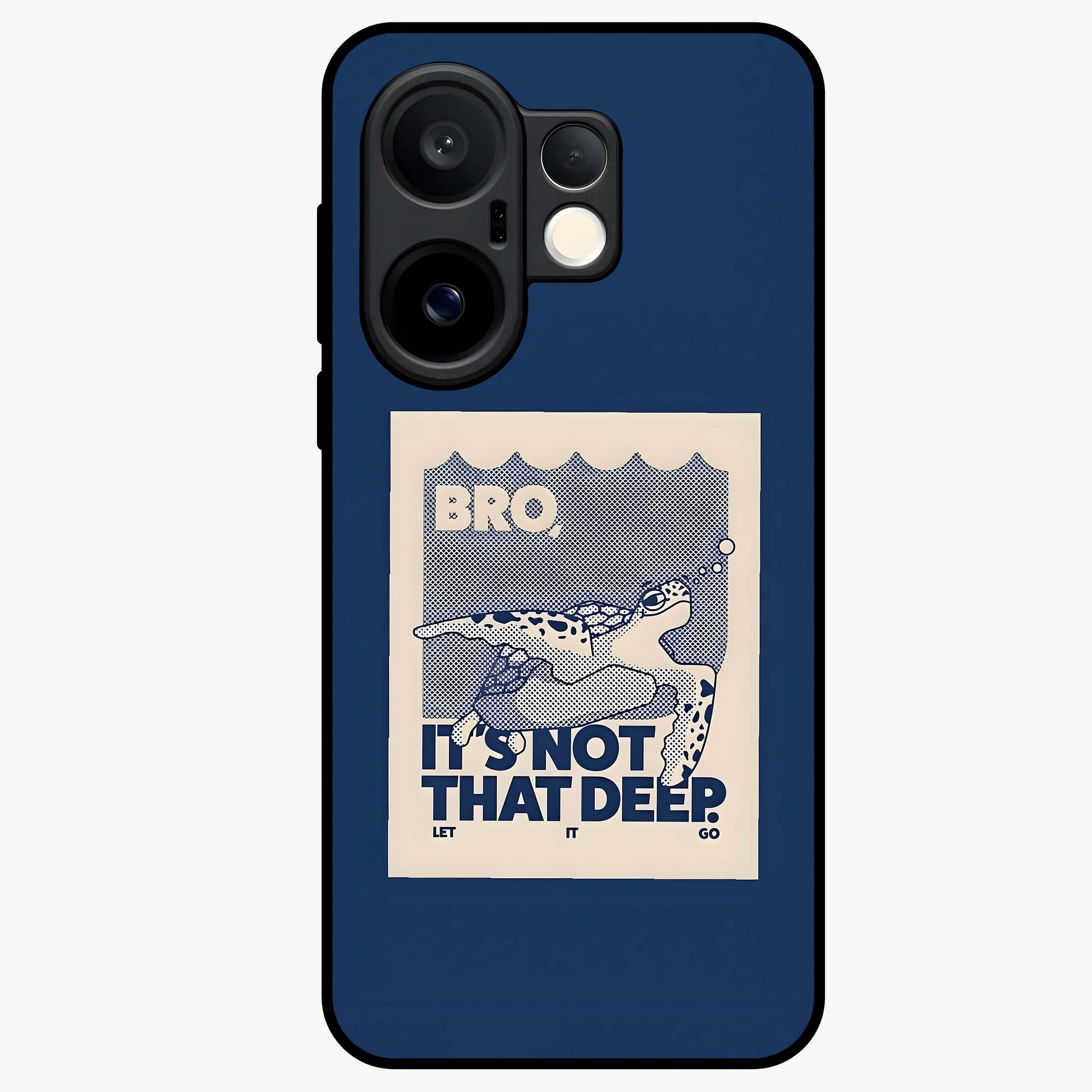 Worry Less Swim Glass Case showing flat back view with playful motivational artwork and glossy glass finish.