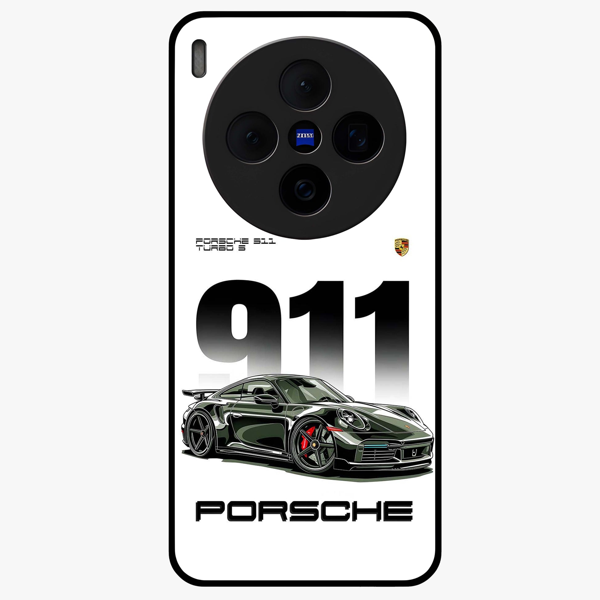 911 Turbo Dominance Glass Case showing clean flat back view with bold 911 sports car artwork and glossy glass finish.