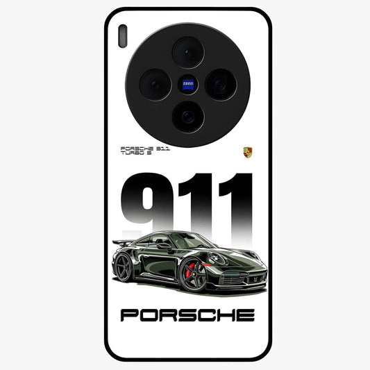 911 Turbo Dominance Glass Case showing clean flat back view with bold 911 sports car artwork and glossy glass finish.
