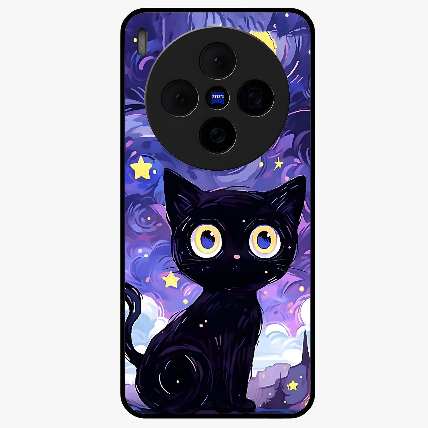 Abstract Cat Art Glass Case showing flat back view with artistic cat illustration and glossy glass finish.