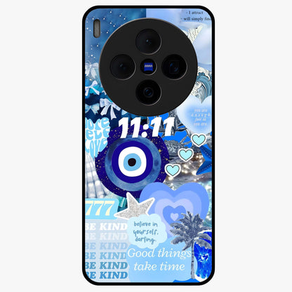 Aesthetic Be Kind Eye Glass Case showing flat back view with motivational eye artwork and glossy glass finish.