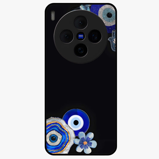 Aesthetic Blue Evil Eye Glass Case showing flat back view with protective evil eye artwork and glossy glass finish.
